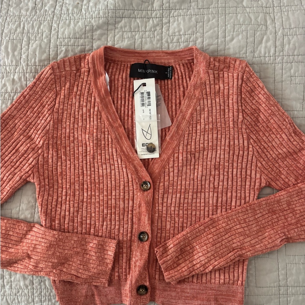 MINKPINK Orange Ribbed Cropped Cardigan